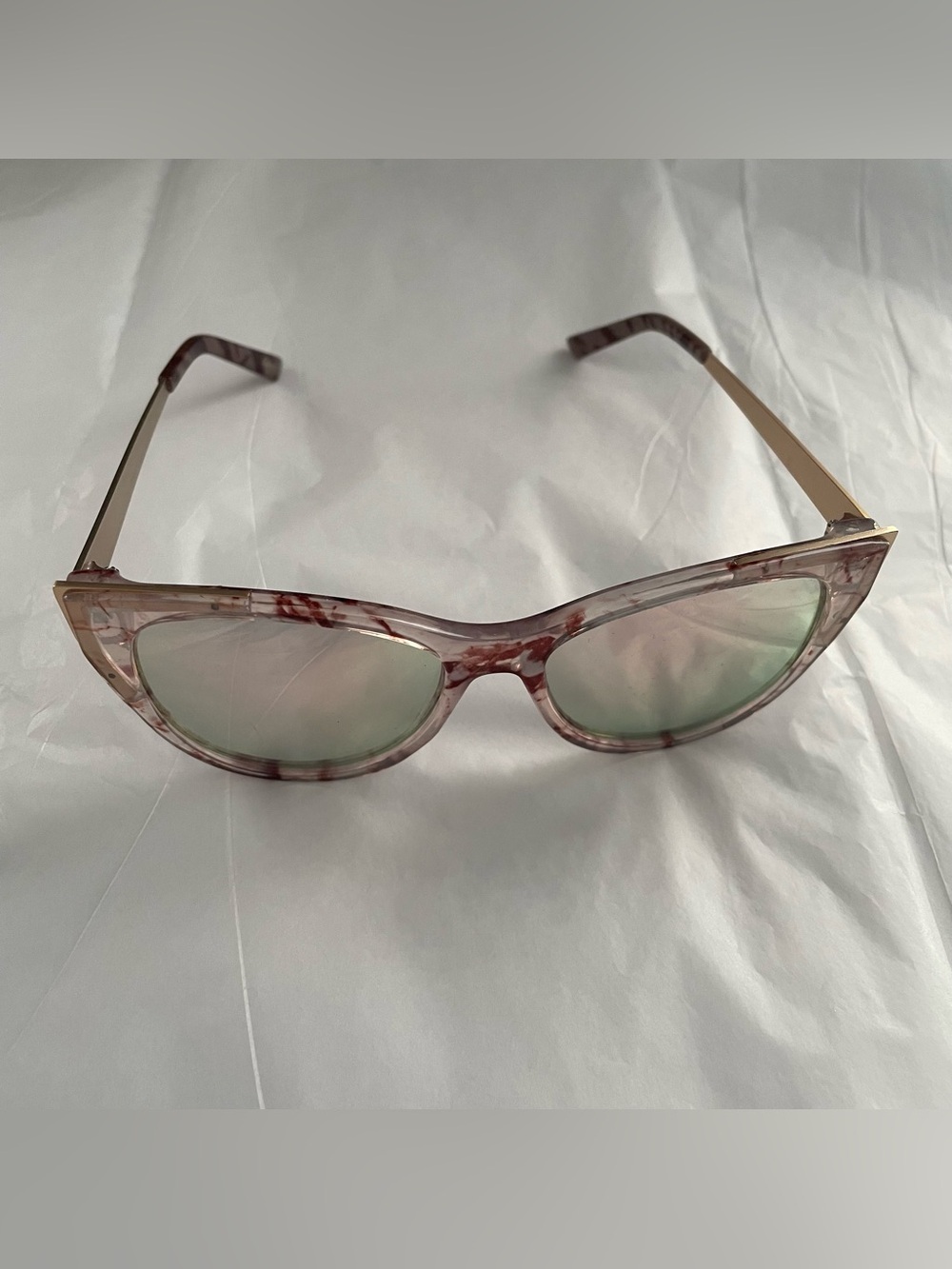 Betsey Johnson Cat Eye Sunglasses Clear Brown Marble with Mirror Lenses - Picture 4 of 9